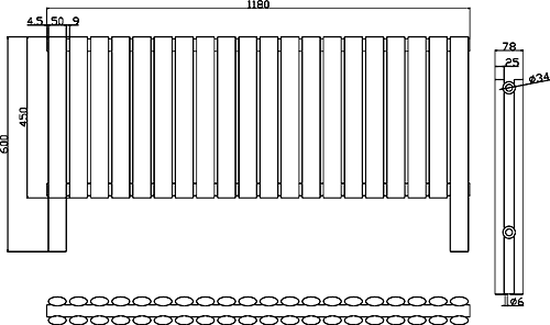 Technical image of Hudson Reed Radiators Revive Floor Mounted Radiator (Black). 1180x600.