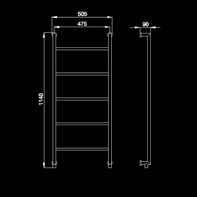 Technical image of HR Series 103 heated towel rail (chrome). 505x1140mm. 879 BTU