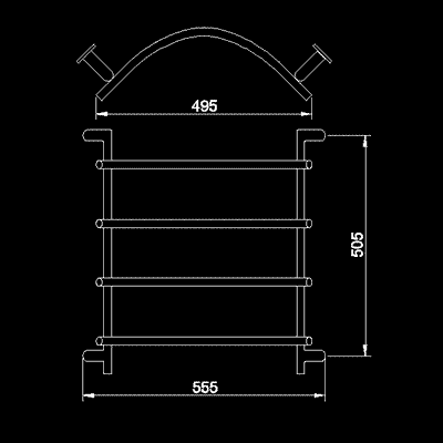 Technical image of HR Series 104 corner heated towel rail (chrome). 315x560mm. 610 BTU