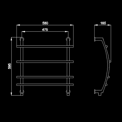 Technical image of HR Series 301 heated towel rail (chrome). 580x595mm. 580 BTU