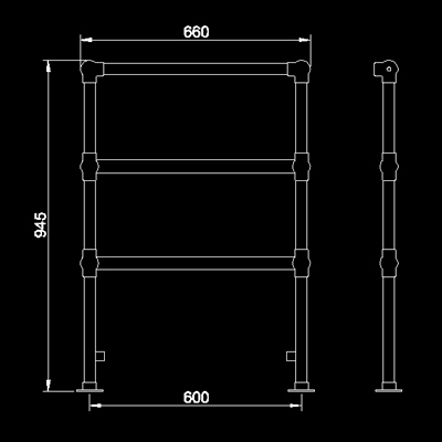 Technical image of HR Traditional Countess heated towel rail (gold). 660x940mm. 864 BTU