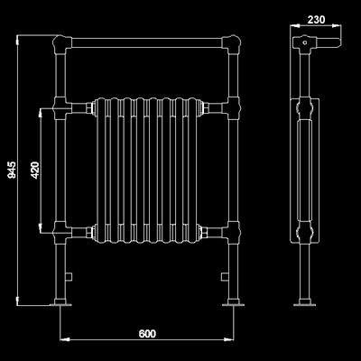 Technical image of HR Traditional Marquis heated towel rail (gold). 640x945mm.