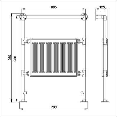 Technical image of HR Traditional Duchess heated towel rail (gold). 640x920mm. 2064 BTU