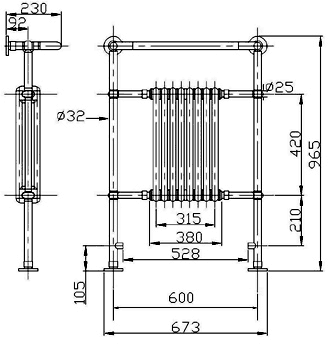 Technical image of HR Traditional Marquis Heated Towel Rail (Chrome & Black). 675x960mm.