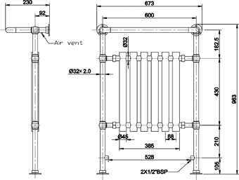 Technical image of HR Traditional Regent Heated Towel Rail (Chrome & White). 675x960.