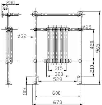 Technical image of Ultra Radiators Rochester Heated Towel Rail (Chrome & White). 673x963mm.