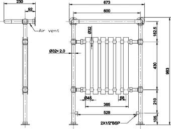 Technical image of Ultra Radiators Ealing Heated Towel Rail (Chrome & White). 673x963mm.