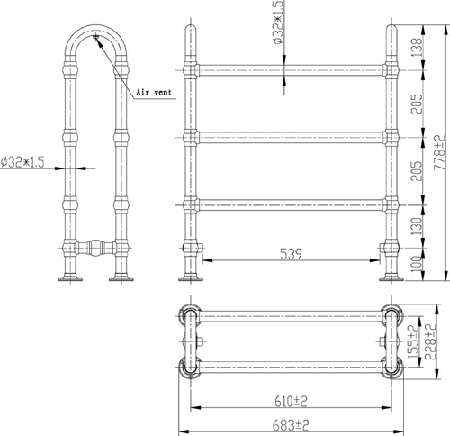 Technical image of Hudson Reed Radiators Adelaide Heated Towel Rail 780x685mm (Chrome).