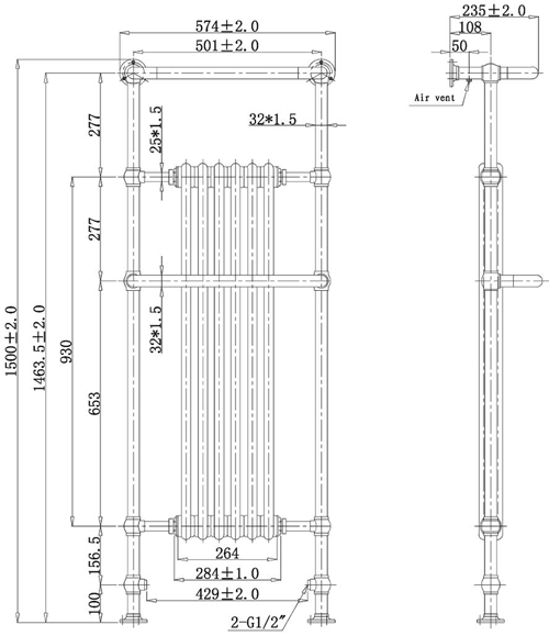 Technical image of Hudson Reed Radiators Brampton Heated Towel Rail 1500x575 (Chrome).