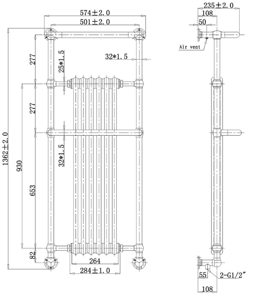 Technical image of Hudson Reed Radiators Brampton Heated Towel Rail 1362x575 (Wall Mounted).