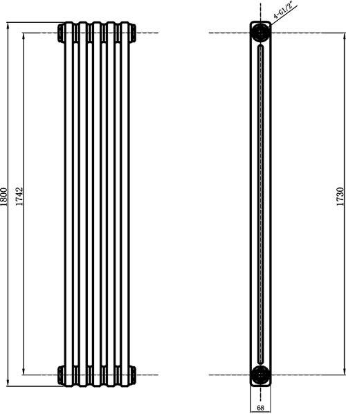 Technical image of Hudson Reed Colosseum 2 Column Vertical Radiator (White). 291x1800mm.