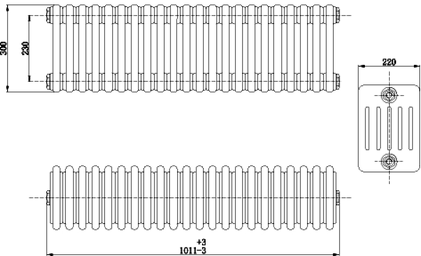 Technical image of Hudson Reed Colosseum 6 Column Radiator With Legs (Black). 1011x480x220mm.