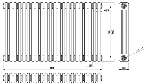 Technical image of Hudson Reed Colosseum Triple Column Radiator (Silver). 1011x600mm.