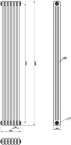 Technical image of Hudson Reed Colosseum Triple Column Radiator (Silver). 291x1800mm.