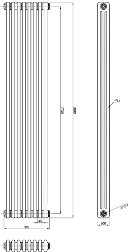 Technical image of Hudson Reed Colosseum Triple Column Radiator (Silver). 381x1800mm.