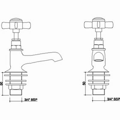 Technical image of Nuie Beaumont Long Nose Bath taps (Pair, Chrome)
