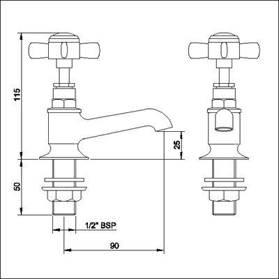 Technical image of Nuie Beaumont Cloakroom Basin taps (Pair, Gold)