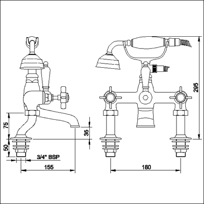 Technical image of Ultra Beaumont Luxury 3/4" Cranked Bath Shower Mixer (Gold)