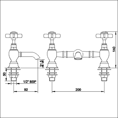 Technical image of Ultra Beaumont Luxury 200mm Bridged Basin Mixer (Gold, Special Order)