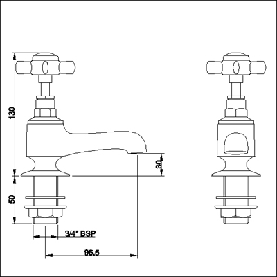 Technical image of Nuie Beaumont Heavy Pattern Bath taps (Pair, Gold, Special Order)