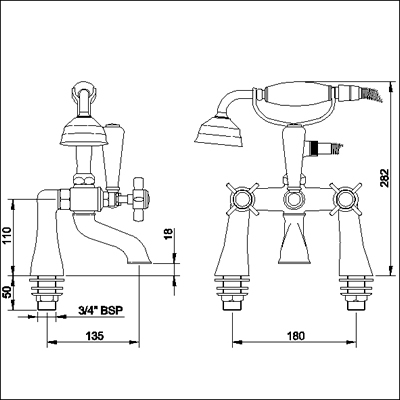 Technical image of Nuie Beaumont 3/4" Bath Shower Mixer (Gold, Special Order)