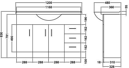 Technical image of Italia Furniture Vanity Unit Pack With Type 1 Basin & Mirror (1200mm, White).