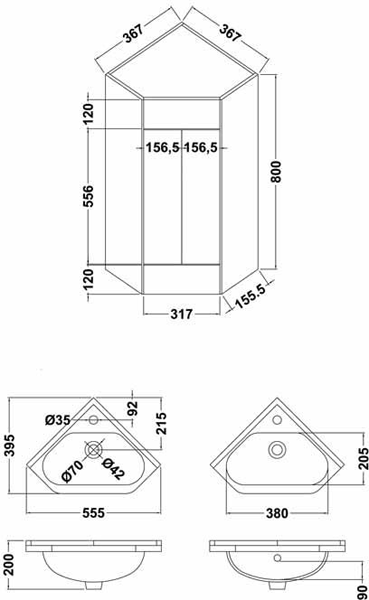 Technical image of Italia Furniture Corner Vanity With Doors, Basin & Cabinet (555mm, White).