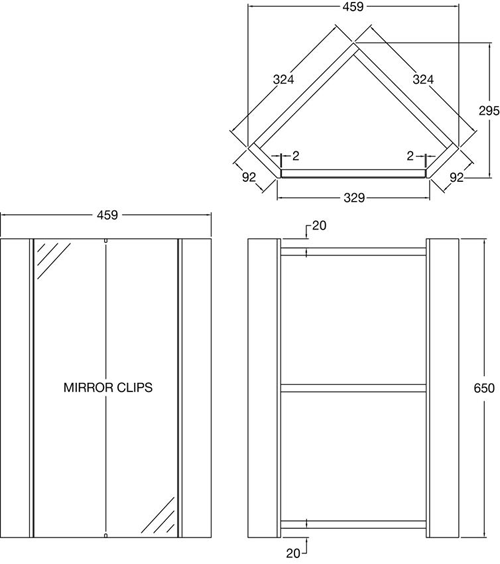 Technical image of Italia Furniture Corner Vanity With Doors, Basin & Cabinet (555mm, White).