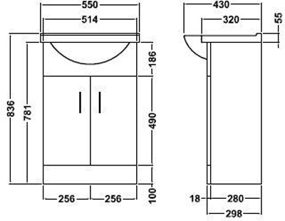 Technical image of Italia Furniture Vanity Unit Pack With Type 1 Basin & Mirror (550mm, White).