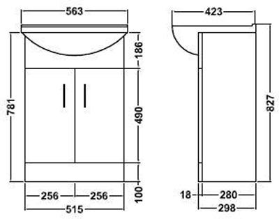 Technical image of Italia Furniture Vanity Unit Pack With Type 2 Basin & Mirror (550mm, White).