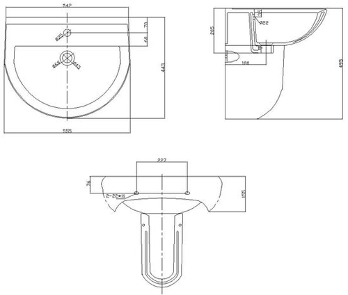 Technical image of Crown Ceramics Ivo Suite With Toilet, 550mm Basin & Semi Pedestal (1 Tap Hole).