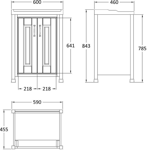 Technical image of Old London Furniture 600mm Vanity & 600mm Mirror Pack (Ivory).