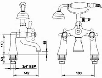 Technical image of Hudson Reed Jade Basin Taps & Bath Shower Mixer Tap Set With Cross Heads.