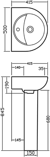 Technical image of Ultra Jardine Close Coupled Toilet With Seat, Basin & Full Pedestal.