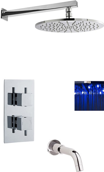 Larger image of Premier Showers Twin Thermostatic Shower Valve, LED Head & Bath Spout.