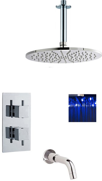 Larger image of Premier Showers Twin Thermostatic Shower Valve, LED Head & Bath Spout.