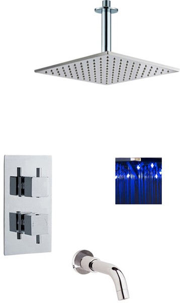 Larger image of Premier Showers Twin Thermostatic Shower Valve, LED Head & Bath Spout.