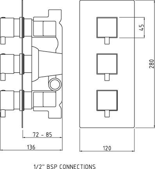 Technical image of Nuie Showers Triple Shower Valve With Head & Slide Rail Kit & Bath Spout.