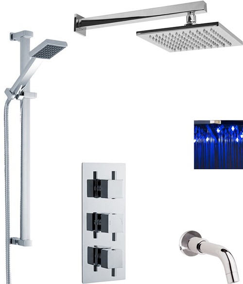 Larger image of Premier Showers Triple Shower Valve, LED Head & Slide Rail Kit & Bath Spout.