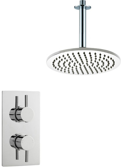 Larger image of Crown Showers Twin Thermostatic Shower Valve, Arm & Round Head 300mm.
