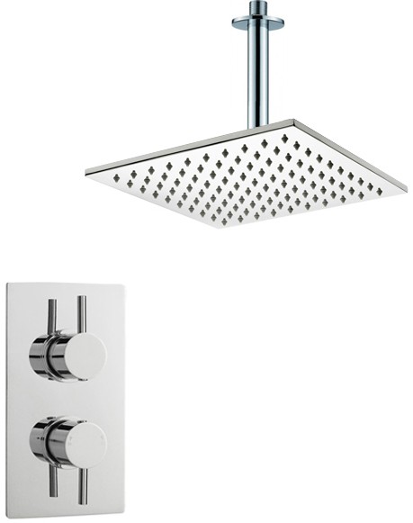 Larger image of Crown Showers Twin Thermostatic Shower Valve, Arm & Square Head 300mm.