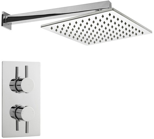 Larger image of Crown Showers Twin Thermostatic Shower Valve, Arm & Square Head 300mm.