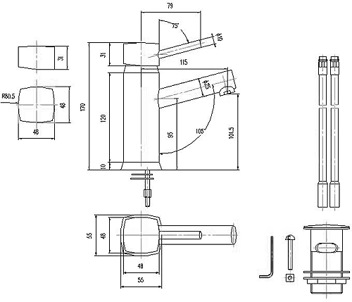 Technical image of Hudson Reed Jule Basin Mixer & Bath Shower Mixer Tap Set (Free Shower Kit).