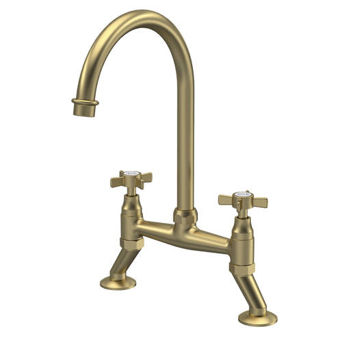 Nuie Traditional Kitchen Bridge Sink Mixer Tap (Brushed Brass, Crosshead Handles).