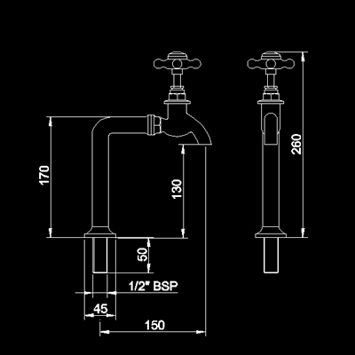 Technical image of Hudson Reed Kitchen Bib taps and upstands (pair)