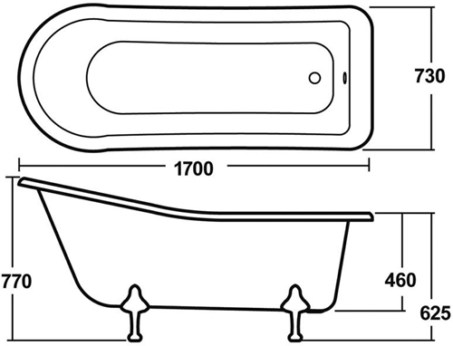 Technical image of Premier Suites Kensington 1700mm Slipper Bath With Toilet & Basin.