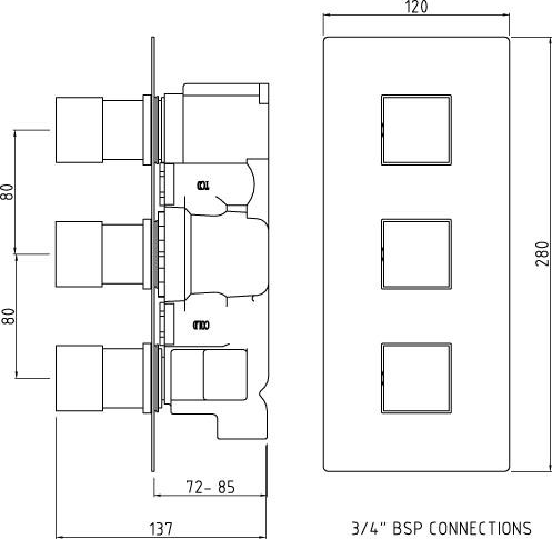 Technical image of Hudson Reed Kubix Triple Concealed Shower Valve With Diverter (Chrome).