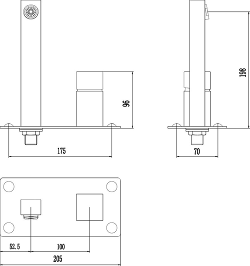 Technical image of Hudson Reed Kubix Wall Mounted Bath / Basin Filler Tap (Chrome).