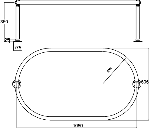 Technical image of Nuie Specialist Oval Shower Ring / Curtail Rail. 1070mm x 610mm.