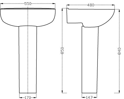 Technical image of Nuie Lawton Compact Suite With Toilet, 550mm Basin & Full Pedestal (1TH).